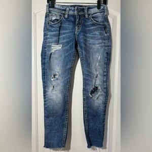 Silver Jeans Women's Size 25 Distressed Stretch Medium Wash Blue Boyfriend